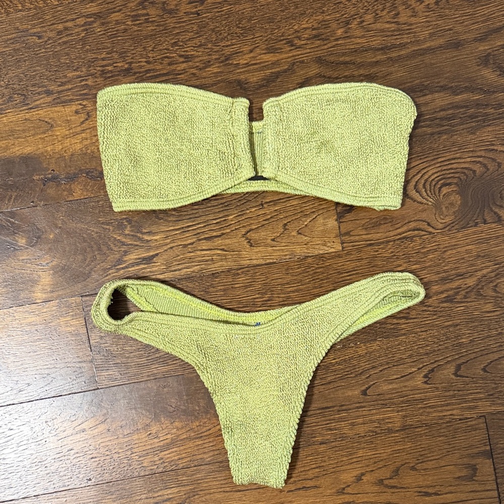 Textured Lime Green Metallic Bandeau Bikini Set